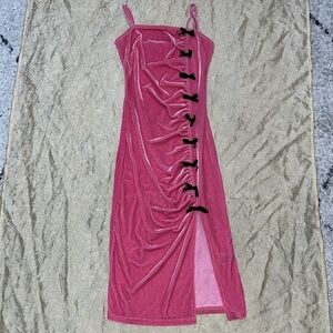 Pink Velvet Dress With Bow Detailing & Side Split NWOT